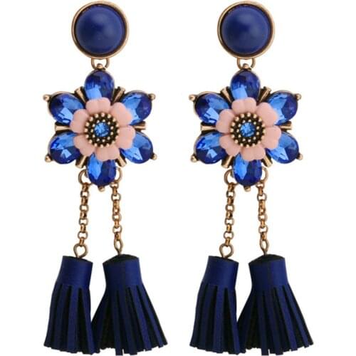 Women Flower Blue Tassel Statement Earrings for Women Wedding Party Charm Good Quality Fashion Drop Dangle Earrings