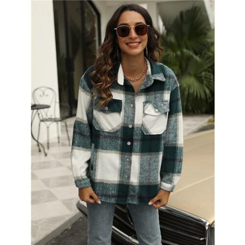 Women Plaid Woolen Shirt Jackets Vintage Oversized Pockets Turn-Down Collar Check Long Sleeve Coats Fashion Loose Streetwear