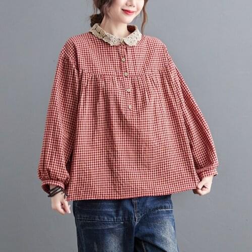 2021 New Arrival Long Sleeve Autumn Blouse Shirts Cotton Linen Lace Patchwork Plaid Vintage Women Blouse Spring Casual Blouse