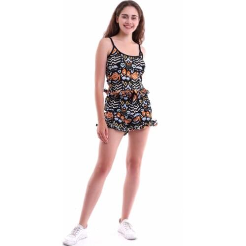 Women Black Suspenders Pajamas Suit, Shorts Casual Ethnic Print Casual Rubber Casual Frilly
