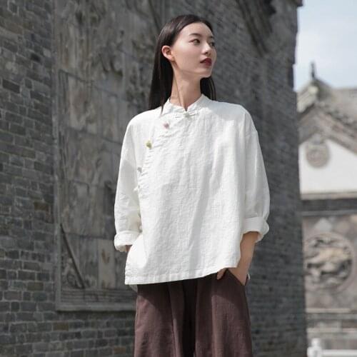 Autumn New Cotton and Linen Top for Women Retro Stand Collar Button Tea Service Shirt Traditional Chinese Clothing for Women