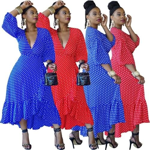 4xl Plus Size Womens Long Dresses Autumn Deep V Neck Polka Dot Temperament Commute Ruffle Elegant Dress Wholesale Dropshipping