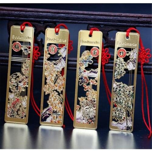 2pcs Exquisite Metal Bookmark Chinese Style Merlin Bamboo Chrysanthemum Hollow Brass Bookmarks Book Clip Gift Teacher Supplies