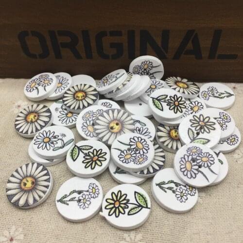 40pcs 20mm Wood Buttons 2 Holes Round Mixed Daisy Florals Flower Sewing Button Embellishments DIY Crafts