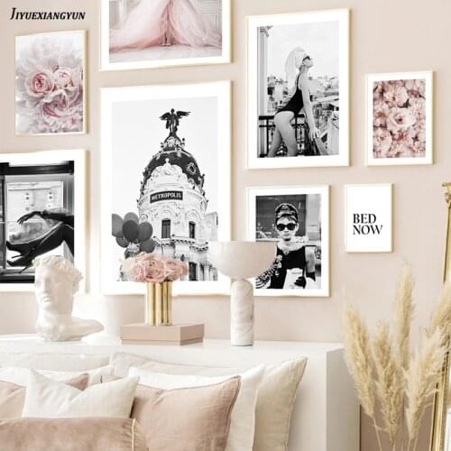 Black White Woman Fashion Poster Nordic Pink Floral Wall Art Canvas Print Photography Painting Girl Bedroom Decoration