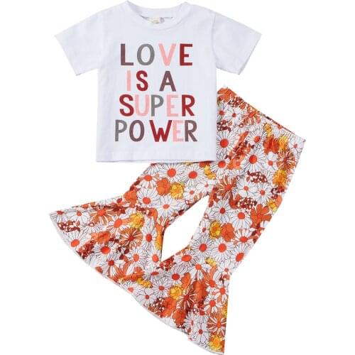 FOCUSNORM 2pcs Summer Kids Girls Clothes Sets 1-6Y Letter Printed Short Sleeve T Shirts Floral Flare Pants