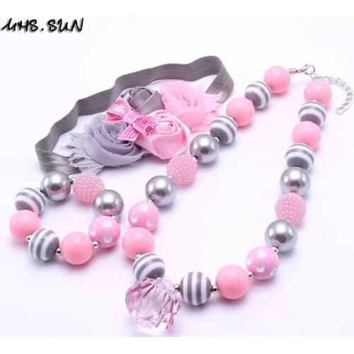 MHS.SUN Pink+Grey Color Kid Bubblegum Chunky Bead Necklace Girl Children Jewelry Set Chunky Kid Headband Necklace&Bracelet Set