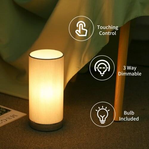 Touching Control Table Light Bedside 3 Way Dimmable Desk Lamp Modern Nightstand Night Lamp with Round Fabric Lampshade Bedroom