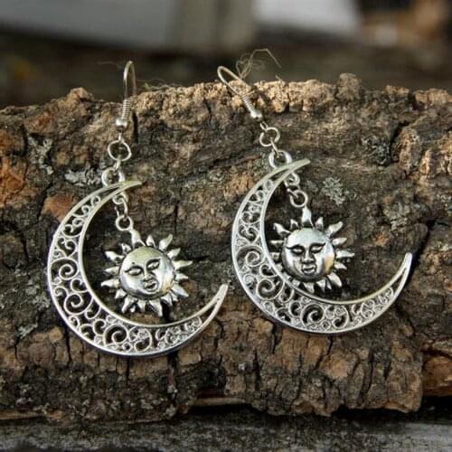 Wiccan Sun Moon Earring Gift for Women Festival Jewelry Silver Colour Celestial Sun Hippie Statement Punk Earring Rock Fashion