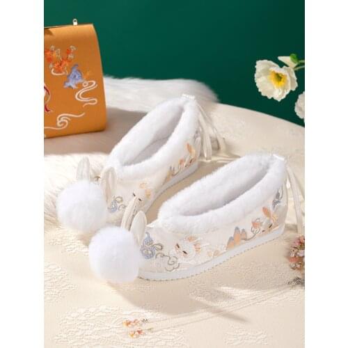 Original Spring Plus Velvet Ancient Hanfu Shoes Womens Costume Increased Embroidered Bow Shoes Cotton Shoes Elegant