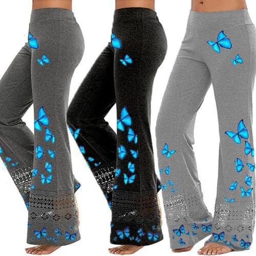 Casual Pants Butterfly Print Rhinestone Yoga Pants Flare Leggings Women Lace Hollow Wide Leg Sports Yoga Pants Leggins Mujer