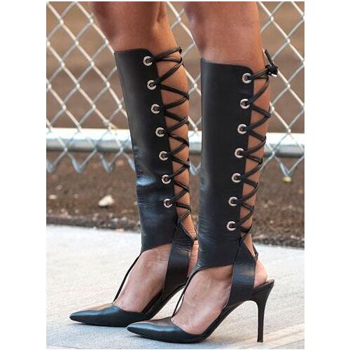 Drop Shipping Summer New Brand Woman Cheap High Quality Black Cuts Out Gladiator Pointed Toe Knee High Long Boots Plus Size Shoe