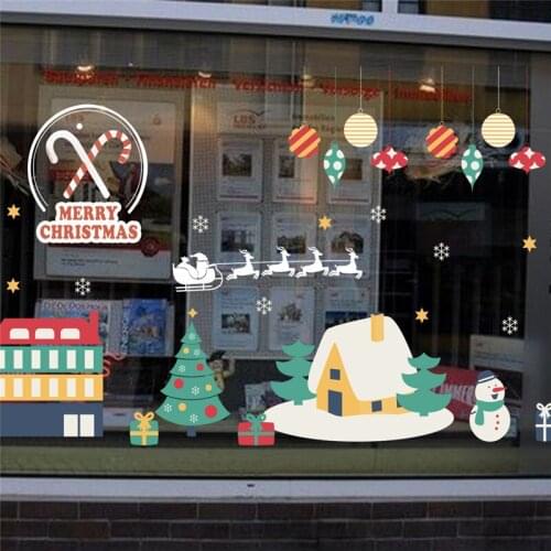 Santa Claus Tree Stocking Ball Christmas Festival Theme Wall Stickers For Store Home Decoration Xmas Window Decal Pvc Wall Art