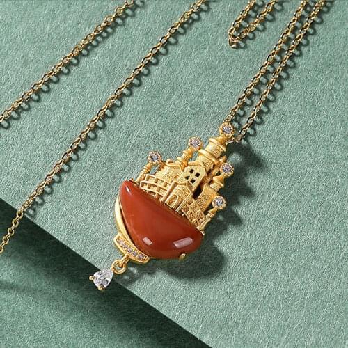 Silver Natural South Red Jasper Castle Pendant Necklace With Unique Ancient Gold Craft light luxury noble womens brand jewelry