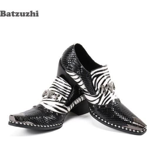 Batzuzhi Pointed Metal Tip New Designers Shoes Black White Genuine Leather Dress Shoes for Men Formal Business and Party,38-46