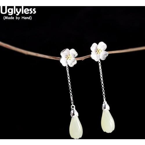 Uglyless 4 Petals Flower Earrings for Women Solid 925 Silver Floral Jewelry Nature Hetian Jade Magnolia Dangle Earrings Gemstone