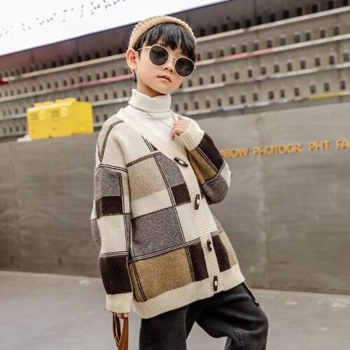 2021 Brown Spring Autumn Tops Boys Sweater Jacket Coat Kids Knitting Overcoat Outwear Teenager Children Clothes High Quality