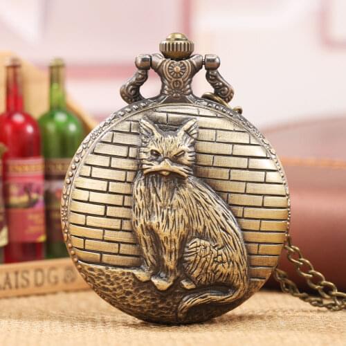 Vintage Bronze Relief 3D Cat Quartz Pocket Watch Animal Pet Necklace Watches Men Women Pendant Clock Antique Chain Timepiece