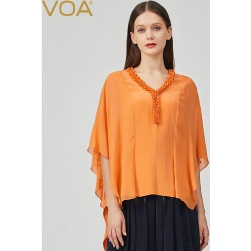 VOA100% Mulberry Silk 30mme Heavy Orange V-Neck Sleeves and Wood Ears Bump Stitching Short-sleeved Dovetail WOMEN T-Shirt BE799