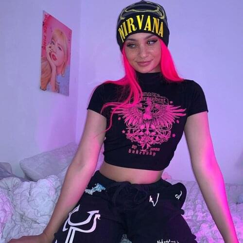 Gothic Streetwear Sexy Bodycon Short Sleeve Short Top Tee Shirts Female accessory Harajuku Print Black Crop Tops Women T-shirts