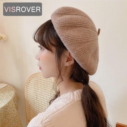 VISROVER 13 colorways solid color wool Winter beret female Stripe cap Autumn hat solid color top quality Women Boina Wholesale