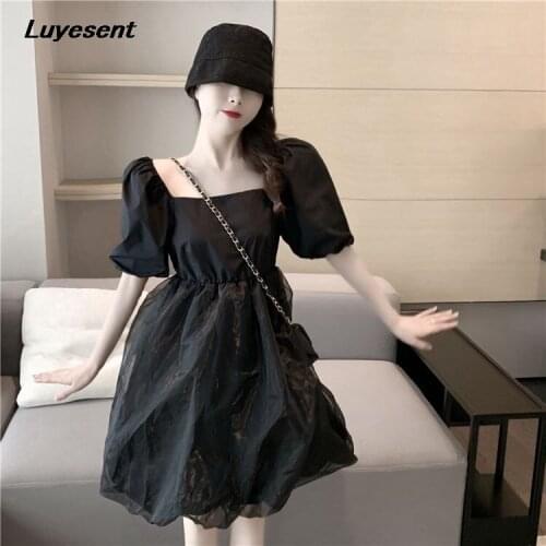 Women Solid Black White Square Collar Sweet Short-Sleeve Dress 2021 Summer Lady Jk Empire Fashion Dresses Student Streetwear