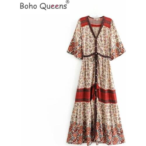 Boho Queens Women red Floral print bat sleeve beach Bohemian rayon maxi dresses Ladies deep v-neck botton happie dress vestidos