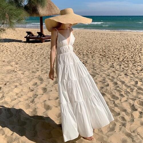Women Maxi White Chiffon Dress A-line Spaghetti Strap Backless Deep V-neck Loose Boho Pleated Dresses Seaside resort Dress
