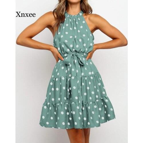 Womens a Line Ruffle Dress Sexy Boho Polka Dot Floral Printed Dresses Summer Laides Sleeveless Casual Holiday Beach Sundress