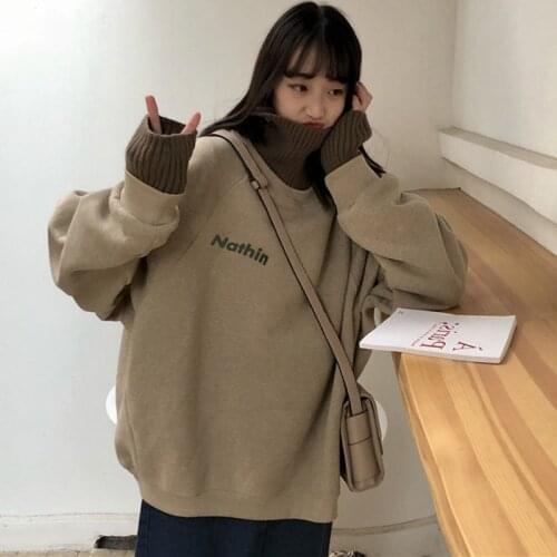 2020 Harajuku Patchwork Turtleneck Pullover Sweatshirt Female Students Loose Long Sleeve Letter Print Oversize Hoodies