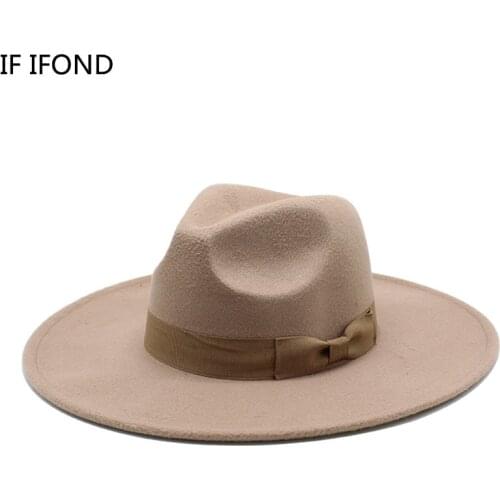 2021 New British Style Men Women Winter Wool Fedoras Cap 9.5cm Big Wide Brim Derby Wedding Church Jazz Hats