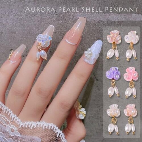 5PCS, 3d Nail Art Elegant Flowers With Aurora Pearls Shell Pendants For Nail Tips Decorations