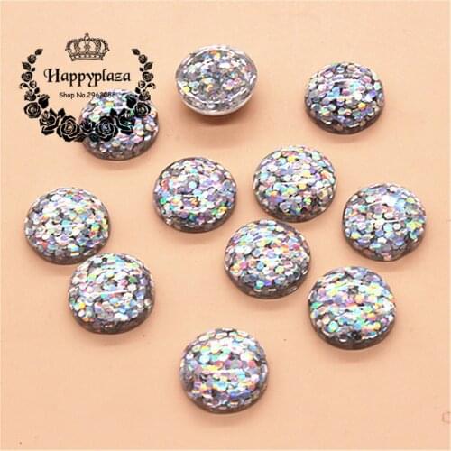 50pcs 12mm Glitter Silver AB Resin Round Flatback Cabochon DIY Scrapbooking Phone/Decoration Button Craft