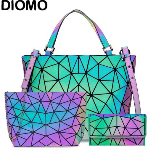 DIOMO Women Luminous Geometric Handbag Set 3 pcs with Shoulder Bag and Wallet Crossbody Bag for Women