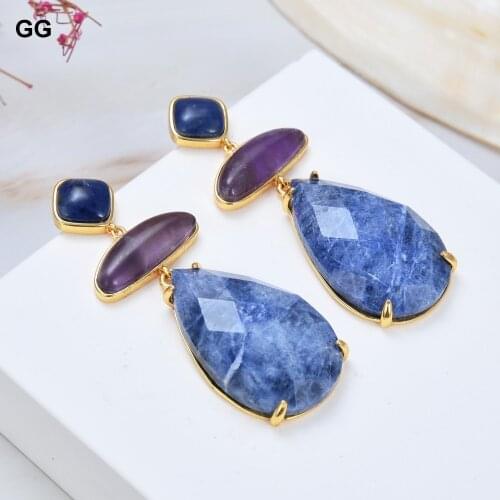 GuaiGuai Jewelry Natural Stone Natural Blue Sodalites Purple Amethysts Stud Earrings Classic For Women
