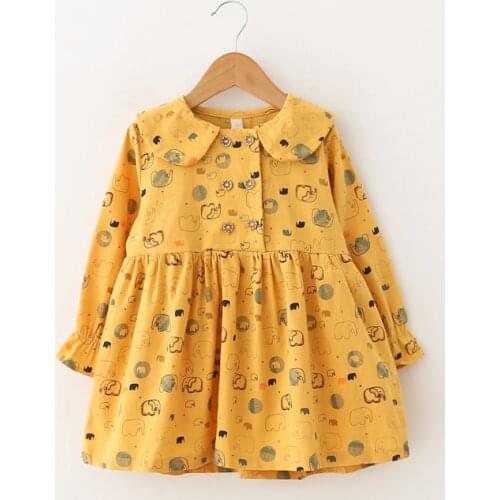 Girls Cotton Dress Spring Autumn Elephant Print Clothing Long Sleeve Kids Casual Clothes Elegant Dresses For Girl 3 4 5 7 years