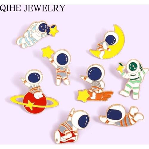Explore Outer space Astronaut Enamel Pins Universe Moom Star Astronaut Brooches Science Badges Jewelry Gift for Friend Wholesale