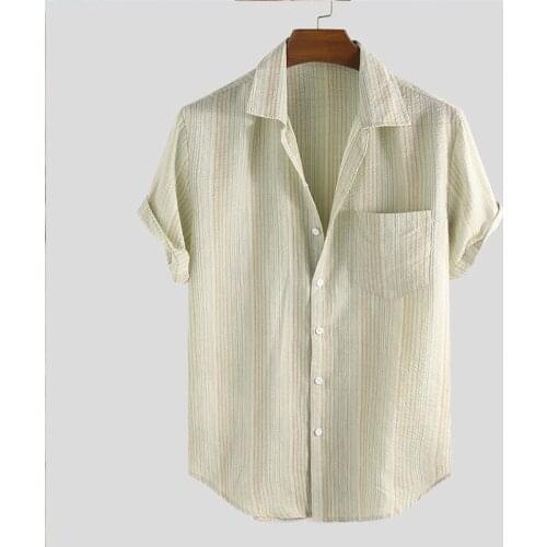 Mens Linen Stripe Printed Short Sleeve Shirt Summer Fashion Casual High Quality Breathable Loose Shirt Mens Clothing 2021