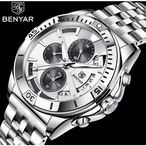 BENYAR Stainless Steel Men Watch 2021 New Leisure Sports Chronograph 50M Waterproof Luxury Business Quartz Watches Reloj Hombre