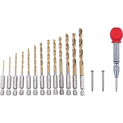 Hot 13Pc HSS Titanium Coated Drill Bit Set with 1/4Inch Hex Shank with 5 Inch Automatic Center Hole Punch Marker Scriber