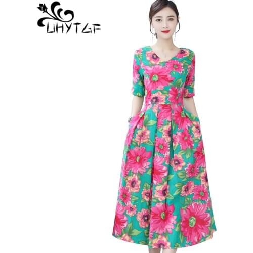 UHYTGF Vintage dresses for women fashion short sleeve cotton linen summer dress pocket zipper printing elegant dress female 1134