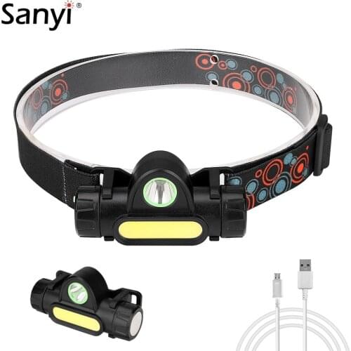 Portable Mini Headlamp XPE+COB LED Headlight USB Rechargeable Head Lamp Flashlight Torch Camping Lanterna Built-in Battery