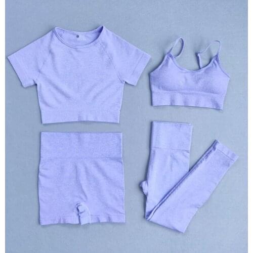 Professional Fitness Gym Women Seamless Suits Yoga T Shirt+Bra+Shorts+Pants Sportswear 4 Piece Set Breathable Clothing