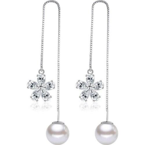 Simple Luxury 925 Sterling Silver Earrings For Women Zirconia Ice Flower Pendant Pearl Long Tassel Earrings S-E531