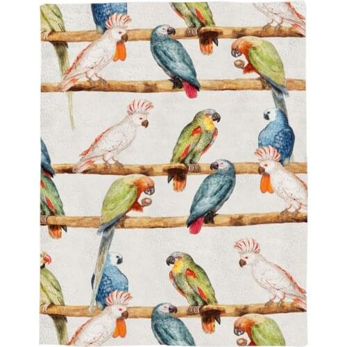 Birds Parrots Colorful Watercolor Printed Flannel Blanket Soft Throw Blanket Machine Washable Blankets for Beds Customizable