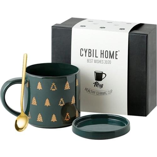 Christmas Ceramic Cofffee Mug with Lid Spoon Creative Cups Large Office Couple Gold Coffee Mugs Tea Breakfast Cup Cute Gift Box