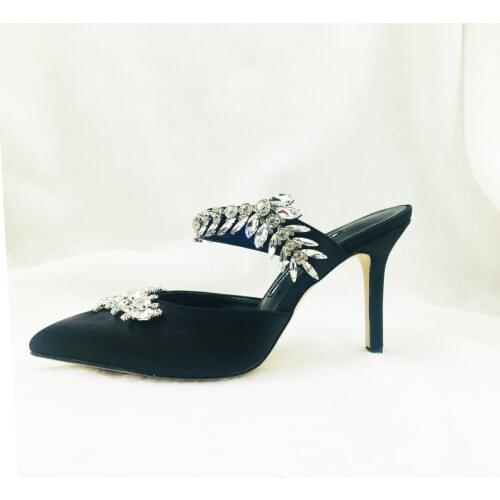 Customized Pointed Toe Satin Cloth Crystal Strap Decoration Mules Slippers 9cm High Heels Women Dress Shoes