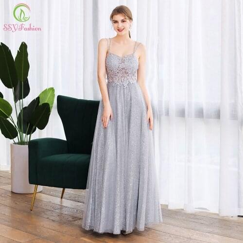 SSYFashion New Light Grey Long Evening Dress Sexy V-neck Backless Appliques Sequins A-line Prom Formal Gown Vestido De Festa