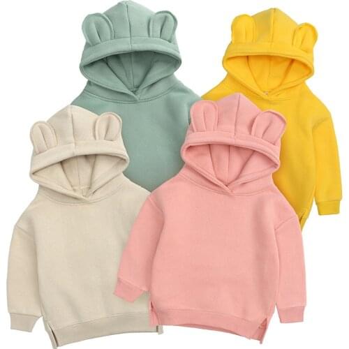 Winter Toddler Baby Kids Boy Girl Hooded Cartoon Ear Hoodie Sweatshirt Tops Clothes roupa infantil solid yellow grey Hoodies