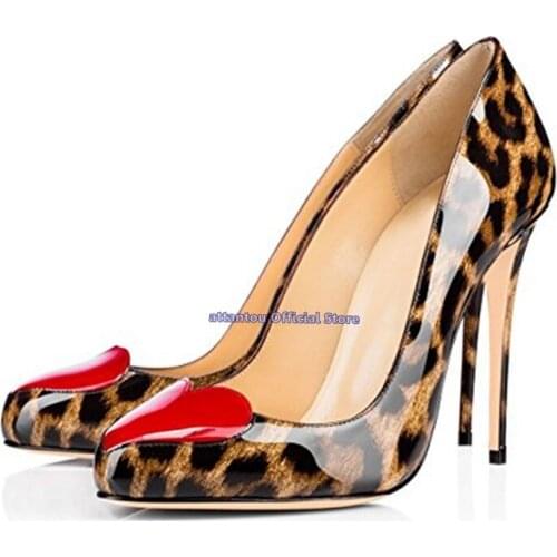 Mixed Color Leopard Red Heart Thin Heeled Pumps Round Toe Slip on Ladies Pumps Designer High Heel Shoes Mujer